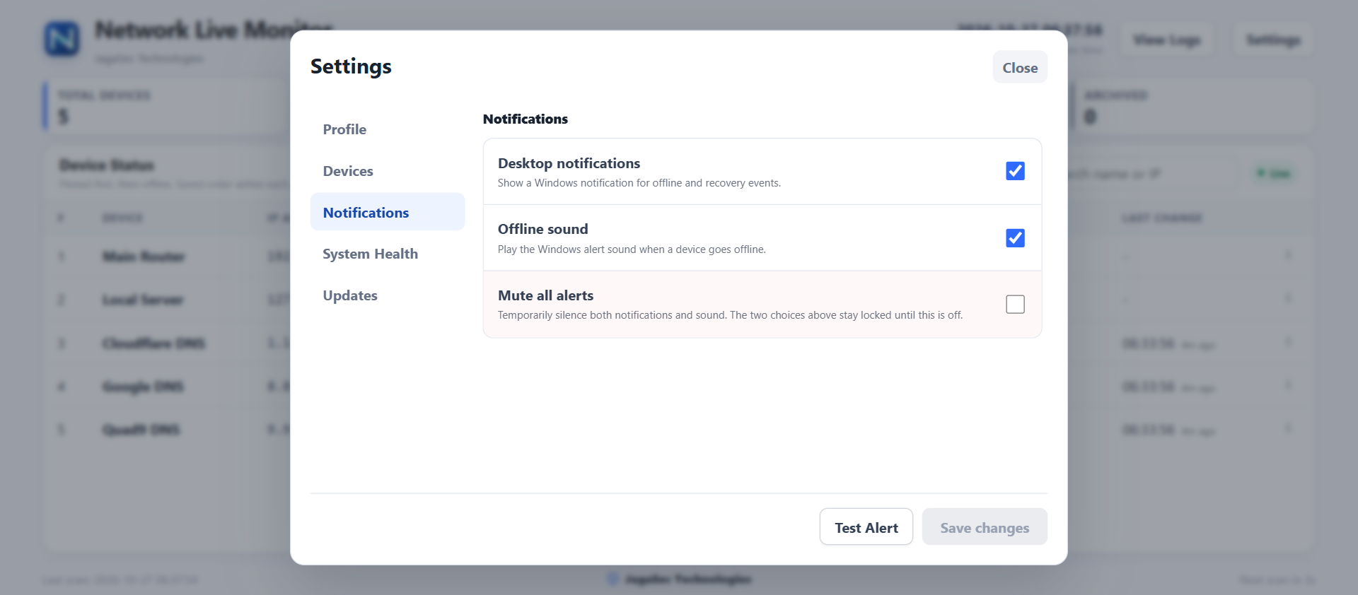 Notification settings for offline, recovery and sound alerts